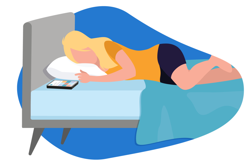 Woman lying in bed, smartphone next to her